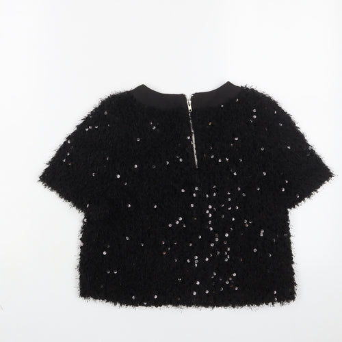 Sister Jane Womens Black Polyester Cropped T-Shirt Size S Crew Neck - Sequins