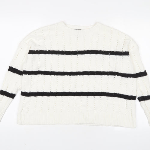 New Look Womens White Crew Neck Striped Acrylic Pullover Jumper Size XS