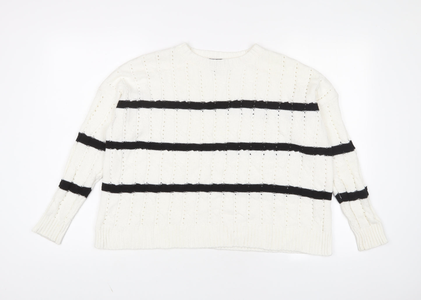 New Look Womens White Crew Neck Striped Acrylic Pullover Jumper Size XS