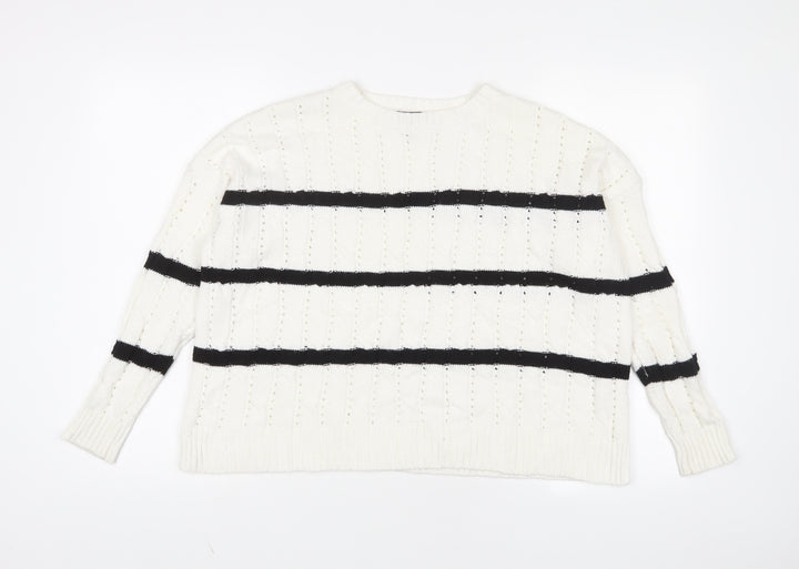 New Look Womens White Crew Neck Striped Acrylic Pullover Jumper Size XS