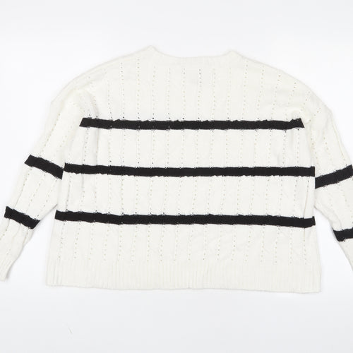 New Look Womens White Crew Neck Striped Acrylic Pullover Jumper Size XS