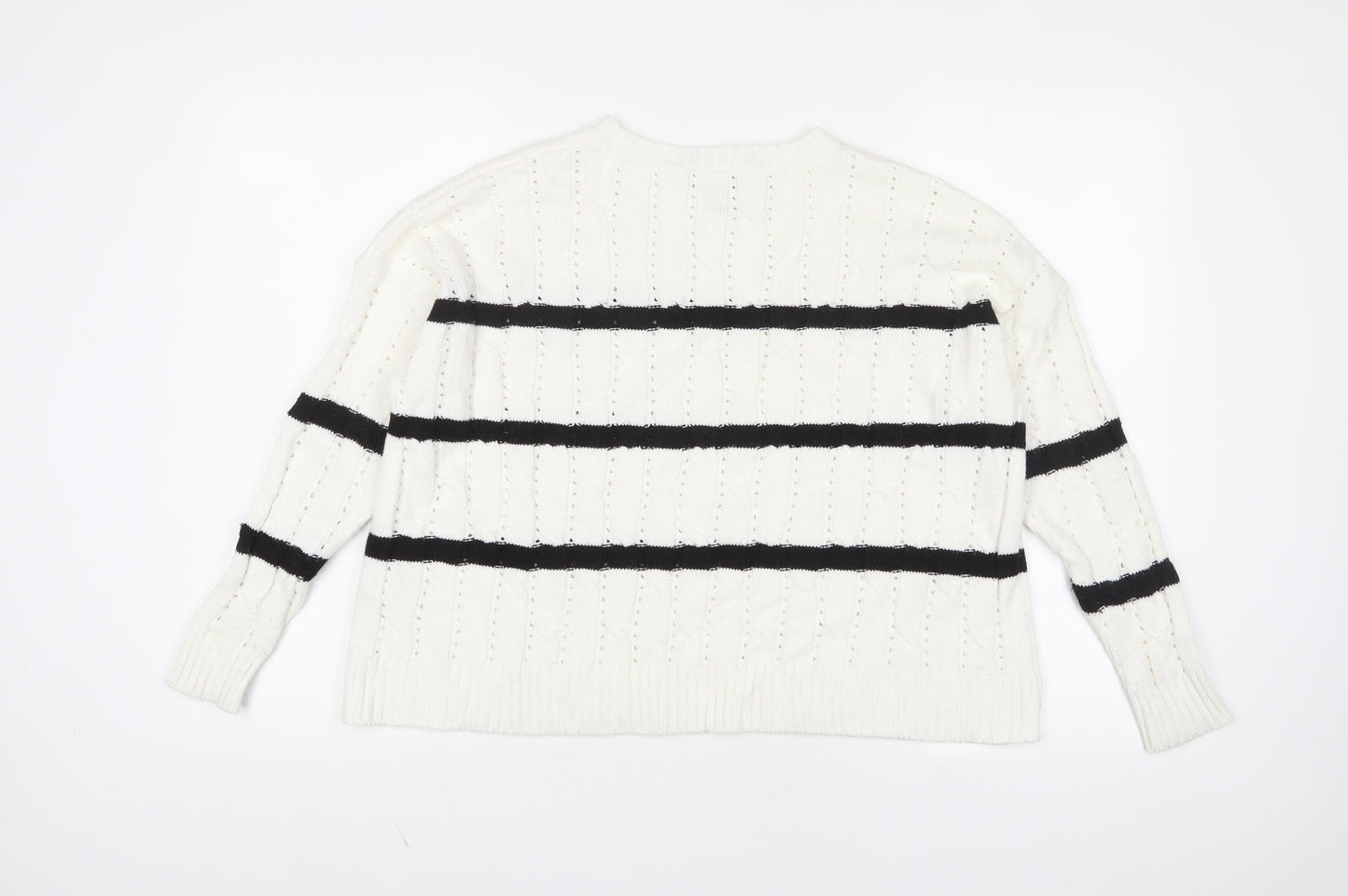 New Look Womens White Crew Neck Striped Acrylic Pullover Jumper Size XS