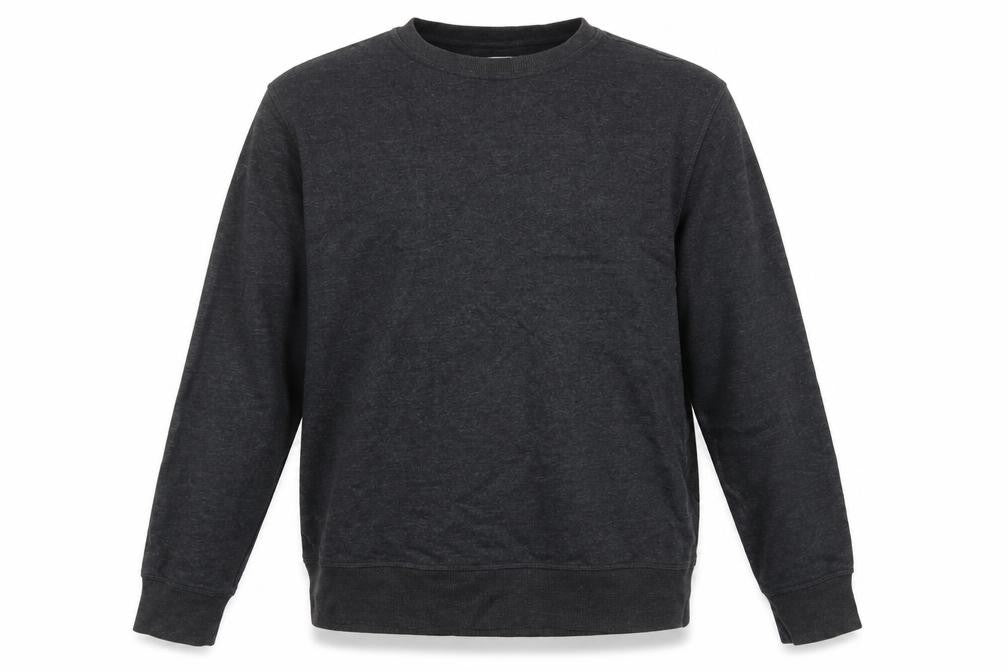 Front view of Amazon men’s grey cotton pullover sweatshirt, size L