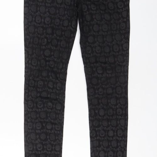 NEXT Womens Black Fair Isle Cotton Trousers Size 8 L28 in Regular Zip