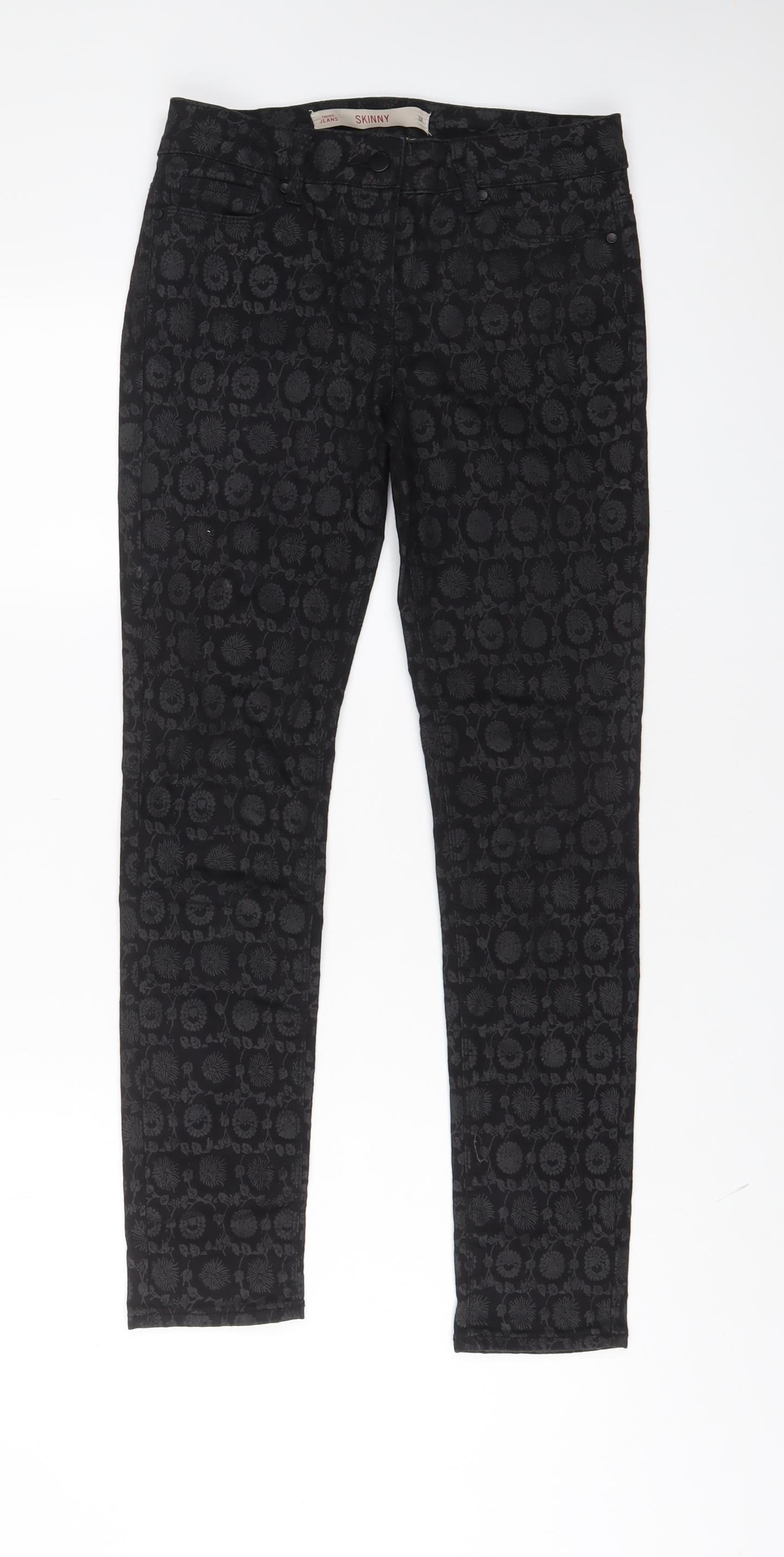 NEXT Womens Black Fair Isle Cotton Trousers Size 8 L28 in Regular Zip
