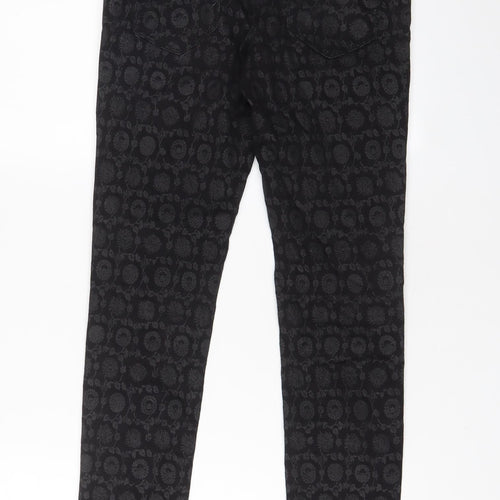 NEXT Womens Black Fair Isle Cotton Trousers Size 8 L28 in Regular Zip