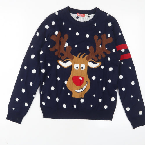 Pepperts Boys Blue Crew Neck Geometric Acrylic Pullover Jumper Size 10-11 Years Pullover - Rudolph
