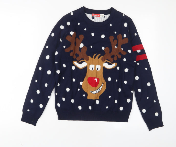Pepperts Boys Blue Crew Neck Geometric Acrylic Pullover Jumper Size 10-11 Years Pullover - Rudolph