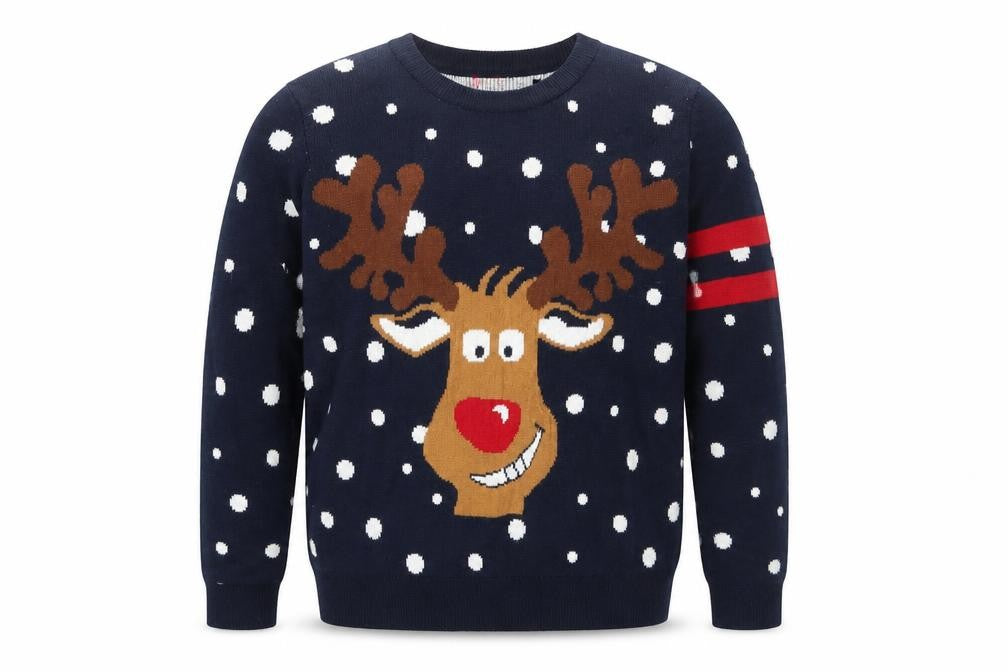 Front view of Pepperts boys’ blue crew neck geometric acrylic jumper, size 10-11, years pullover - rudolph
