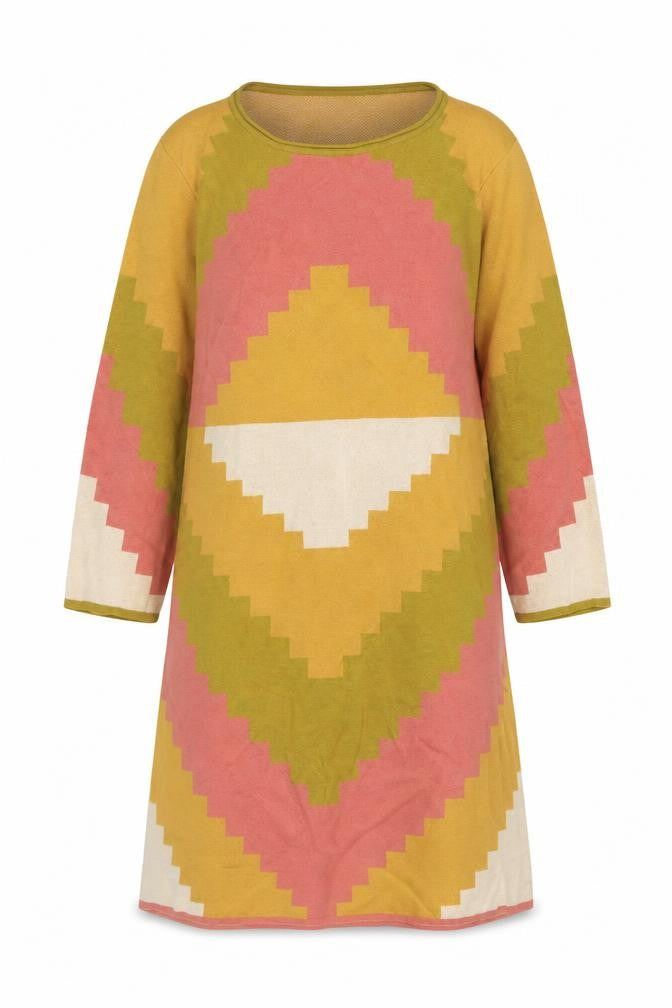 Gudnunsjoden Womens Multicoloured Geometric Cotton Jumper Dress Size S Crew Neck Pullover