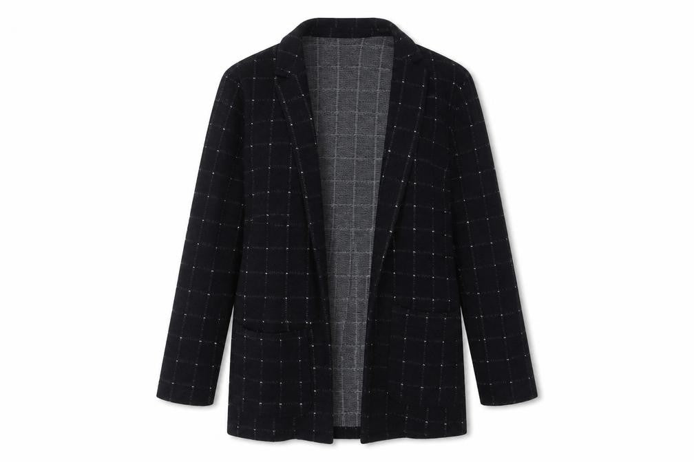 Front view of H&M women’s black plaid jacket blazer, size UK 8, - open