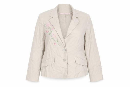 Front view of Klass women’s beige floral jacket, size UK 16, button - sequins