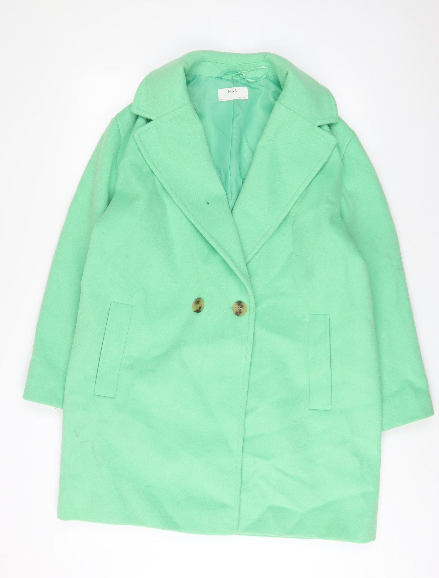 MARKS AND Womens Green Overcoat Coat Size 16 Button