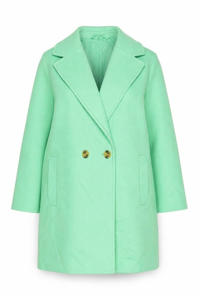 Front view of Marks & Spencer women’s green overcoat coat, size UK 16, button