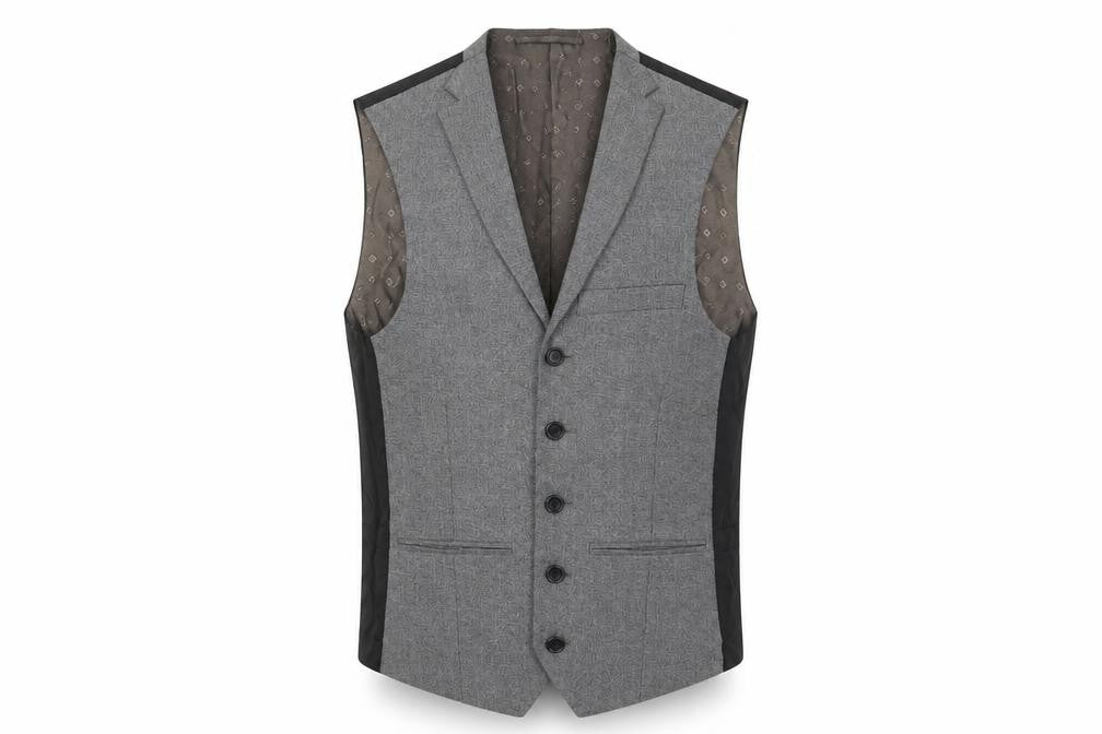 Front view of Next men’s grey polyester jacket suit waistcoat, size S, regular