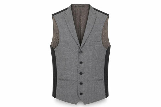 Front view of Next men’s grey polyester jacket suit waistcoat, size S, regular
