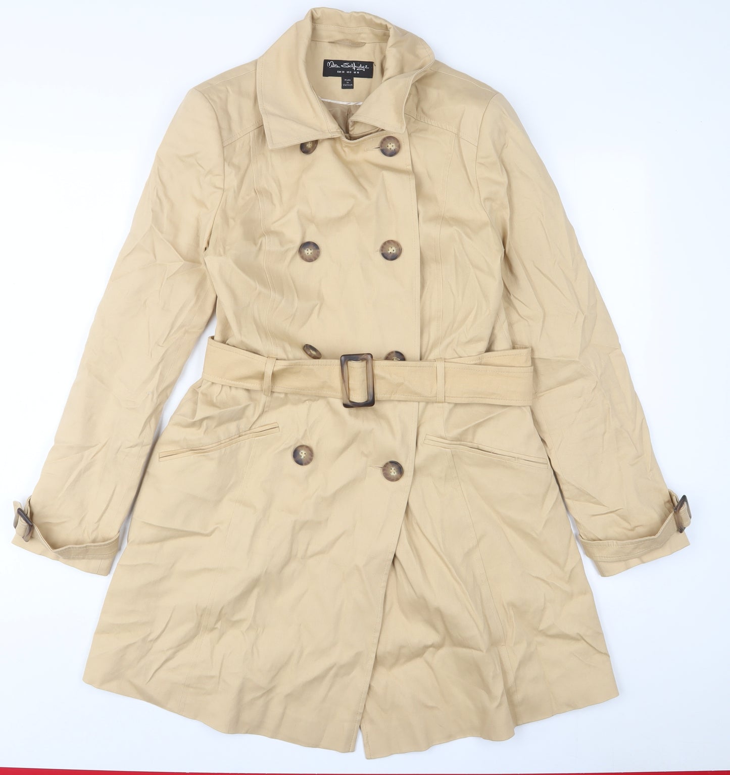 Miss Selfridge Womens Beige Overcoat Coat Size 10 Button - Belted