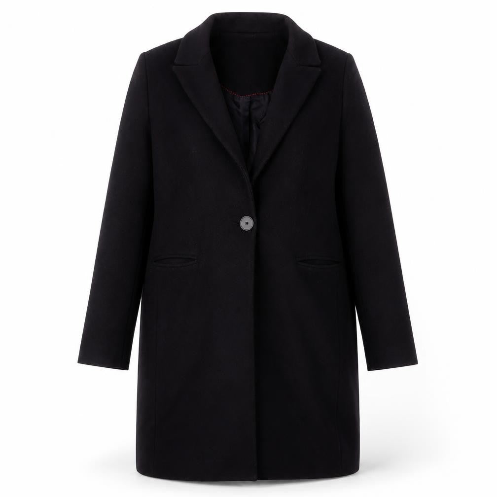 Front view of Zara women’s black overcoat coat, size M, button