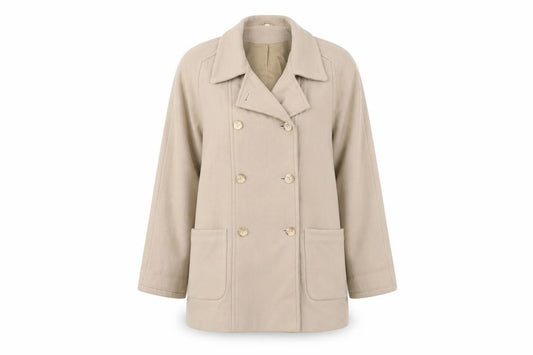 Front view of Essentials women’s beige jacket coat, size UK 4, button