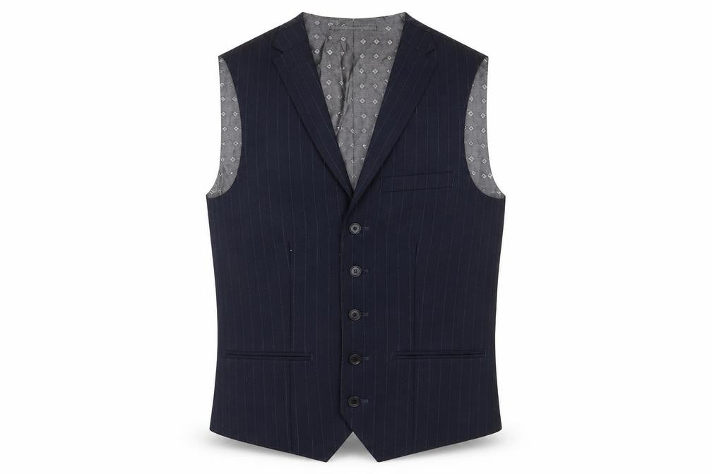 Front view of Next men’s blue wool jacket suit waistcoat, size 34, regular