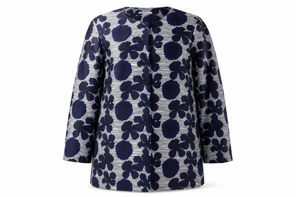 Front view of Precis women’s blue floral jacket, size UK 14