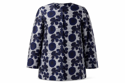 Front view of Precis women’s blue floral jacket, size UK 14