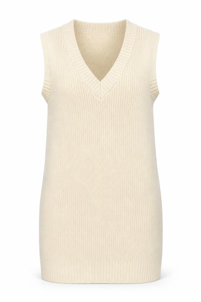 Front view of H&M women’s ivory acrylic jumper dress, size S, v-neck pullover