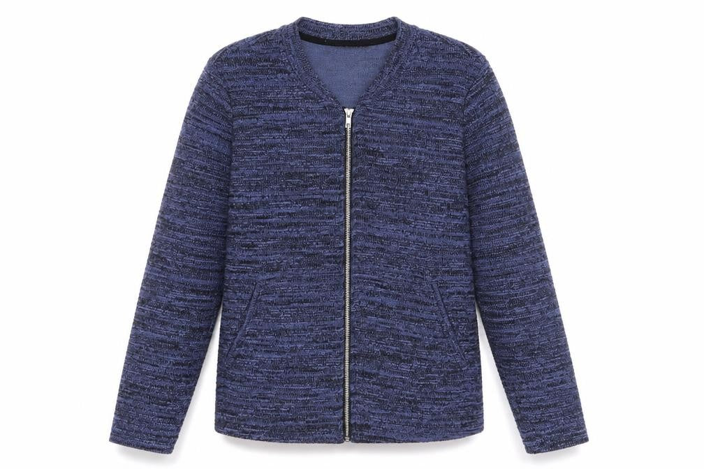Front view of Marks & Spencer women’s blue polyester full zip sweatshirt, size UK 12, zip