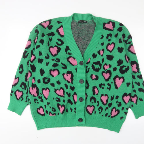 Cameo Rose Womens Green V-Neck Animal Print Acrylic Cardigan Jumper Size M