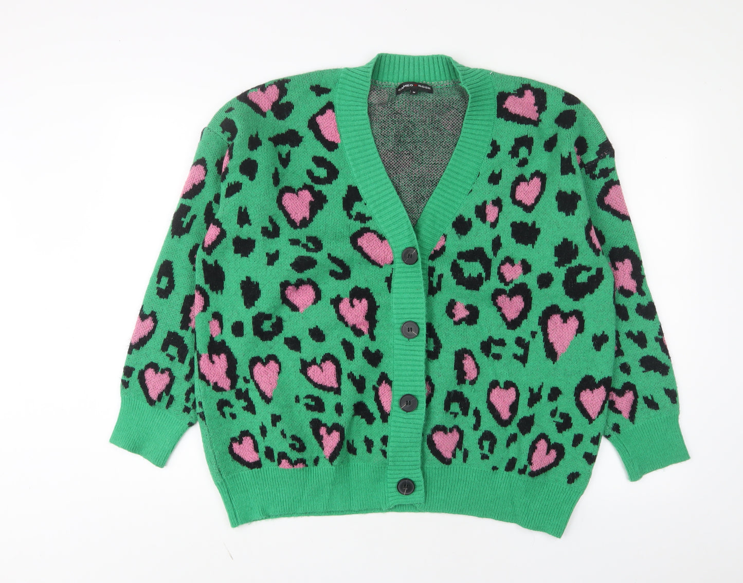Cameo Rose Womens Green V-Neck Animal Print Acrylic Cardigan Jumper Size M