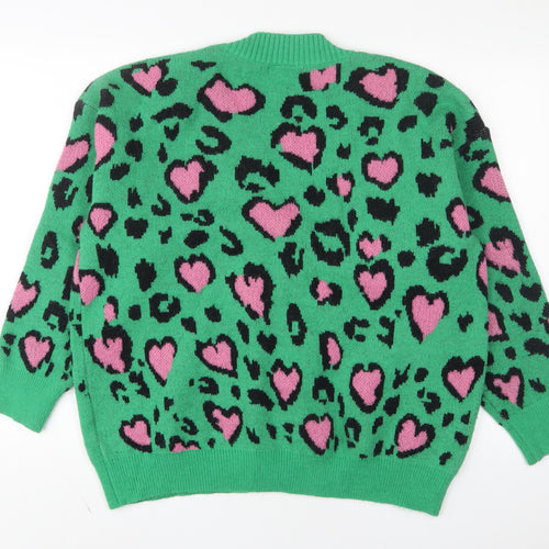 Cameo Rose Womens Green V-Neck Animal Print Acrylic Cardigan Jumper Size M