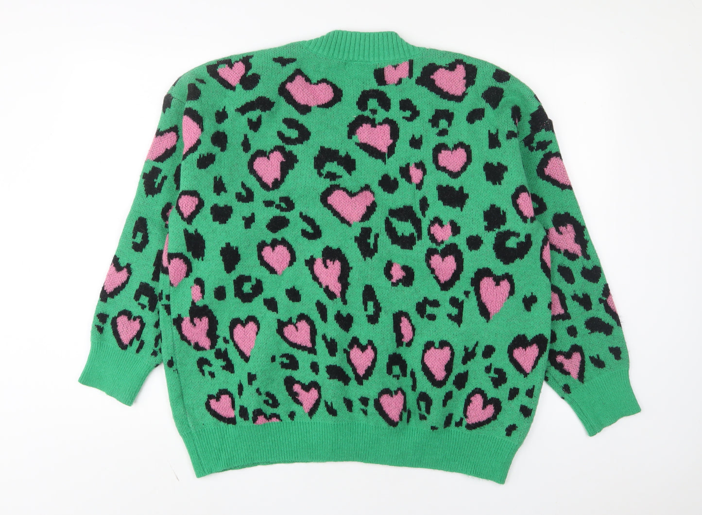 Cameo Rose Womens Green V-Neck Animal Print Acrylic Cardigan Jumper Size M