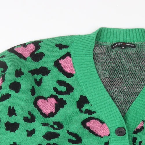 Cameo Rose Womens Green V-Neck Animal Print Acrylic Cardigan Jumper Size M