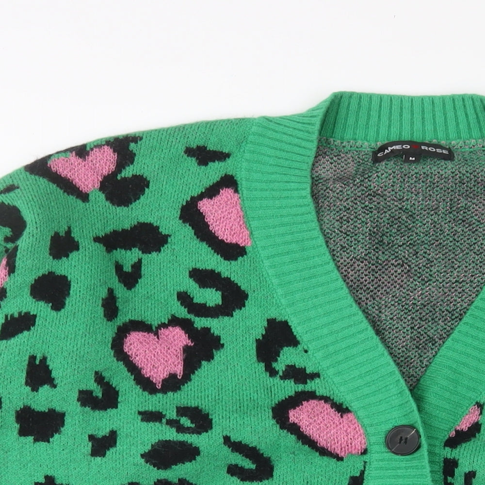 Cameo Rose Womens Green V-Neck Animal Print Acrylic Cardigan Jumper Size M