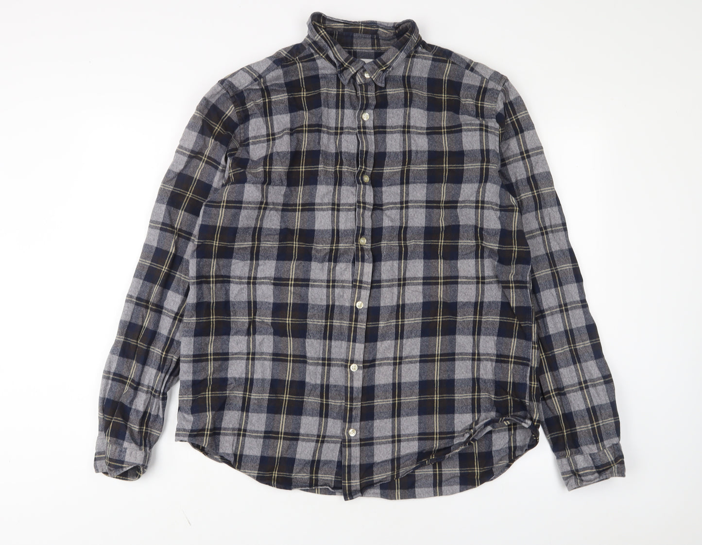 NEXT Mens Grey Plaid Cotton Button-Up Size XL Collared Button