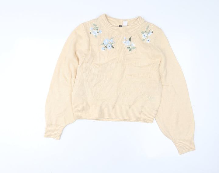 H&M Womens Beige Crew Neck Acrylic Pullover Jumper Size S - Embroidered