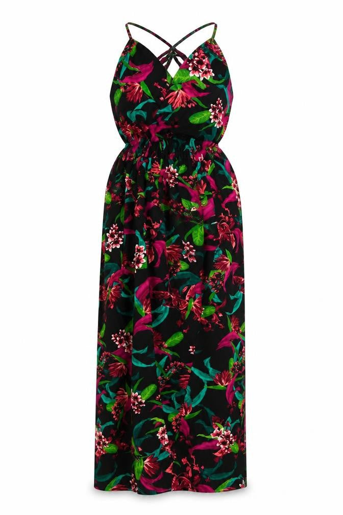 Front view of Boohoo women’s multicoloured floral polyester maxi, size UK 12, halter tie