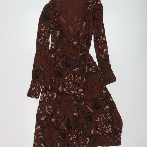 French Connection Womens Brown Geometric Viscose Wrap Dress Size 8 V-Neck Tie