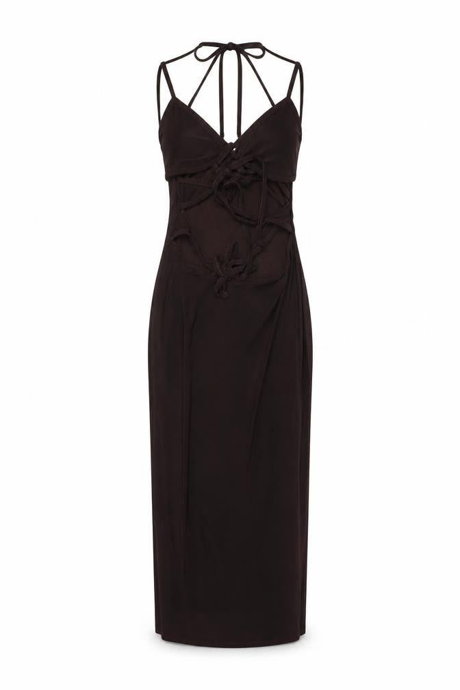 Front view of PRETTYLITTLETHING women’s brown polyester bodycon, size UK 8, v-neck pullover