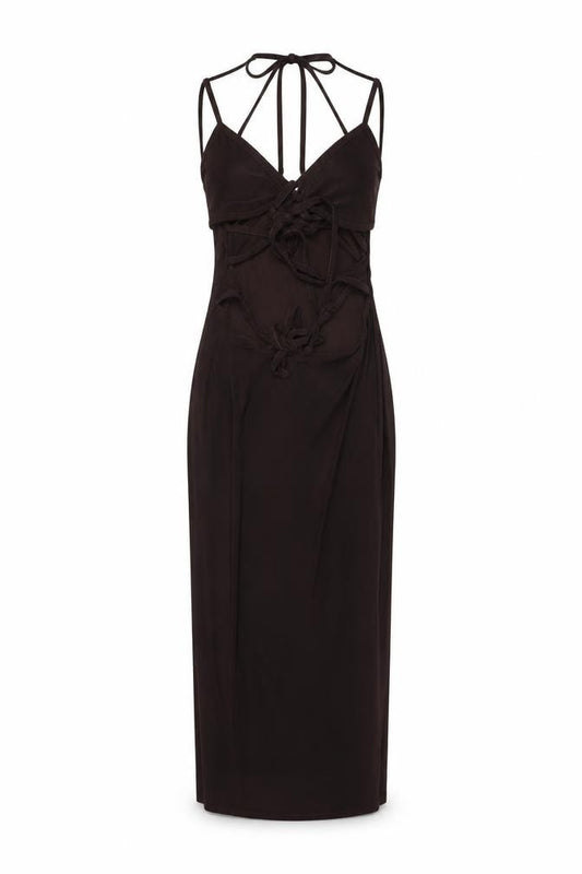 Front view of PRETTYLITTLETHING women’s brown polyester bodycon, size UK 8, v-neck pullover