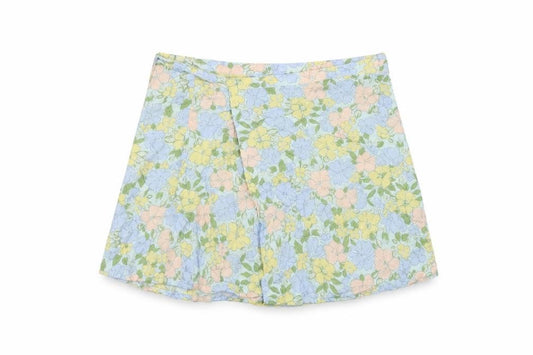 Front view of Motel Rocks women’s multicoloured floral viscose wrap skirt, size S, tie