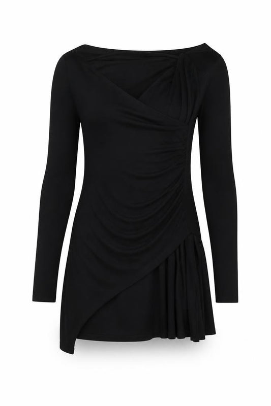 Front view of PRETTYLITTLETHING women’s black polyester mini, size UK 14, v-neck pullover