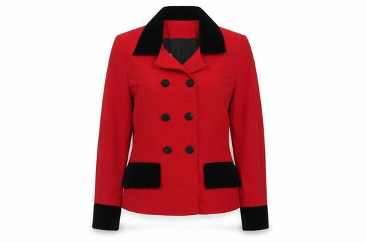Front view of Michael Ambers women’s red jacket, size UK 10, button