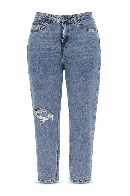 Front view of New Look women’s blue cotton mom jeans, size UK 12, 26-inch leg regular button