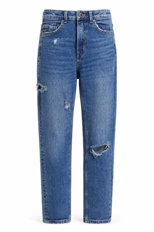 Front view of Stradivarius women’s blue cotton mom jeans, size UK 6, 27-inch leg slim button