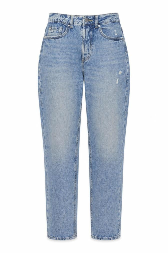 Front view of Stradivarius women’s blue cotton mom jeans, size UK 8, 26-inch leg regular button