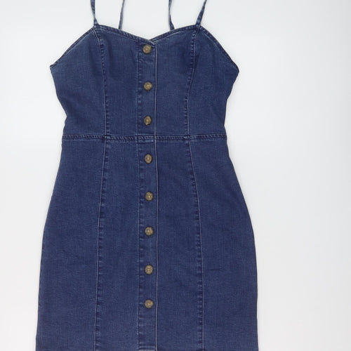 Denim & Co. Womens Blue Cotton Mini Size 8 Sweetheart Button