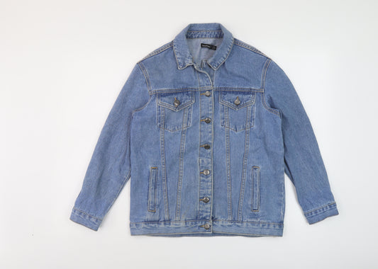 Front view of Boohoo women’s blue jacket, size UK 6, button