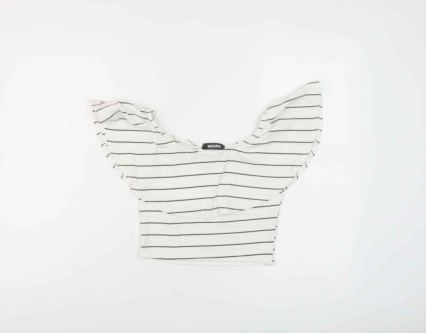 Missguided Womens White Striped Polyester Cropped Blouse Size 10 Round Neck