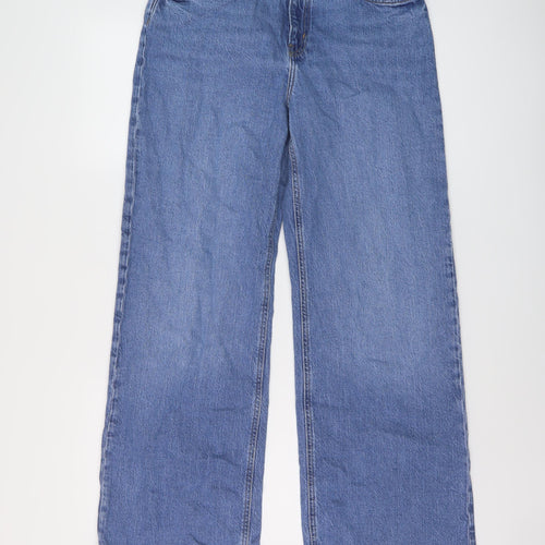 H&M Womens Blue Cotton Wide-Leg Jeans Size 14 L30 in Regular Button